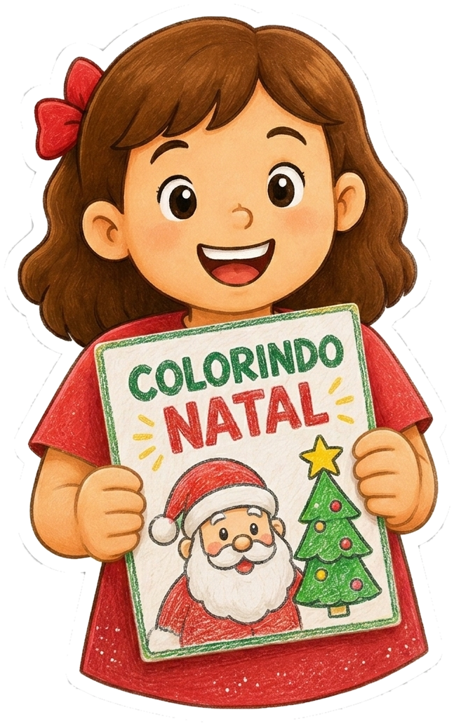 Menina sorridente com laço vermelho segurando o livro de colorir com Papai Noel e Árvore de Natal